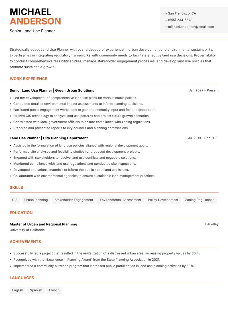 Land Use Planner resume sample — Senior Land Use Planner focus
