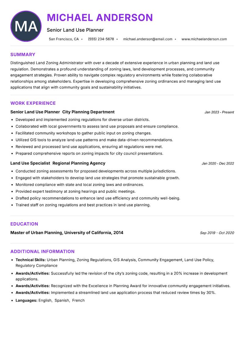 Land Zoning Administrator resume example
