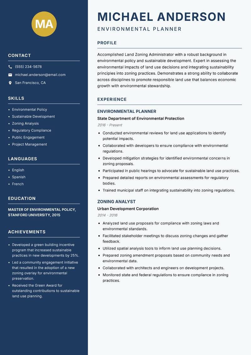 Land Zoning Administrator resume sample — Environmental Planner focus