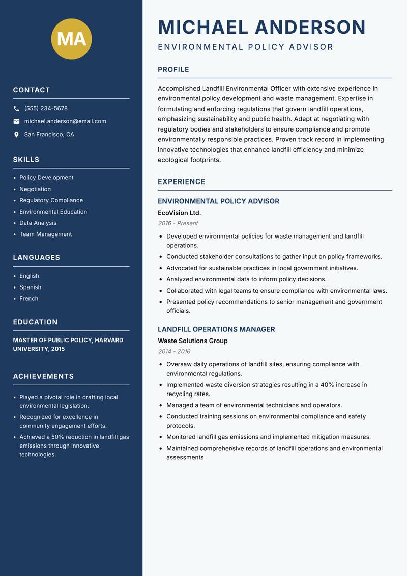 Landfill Environmental Officer resume sample — Environmental Policy Advisor focus