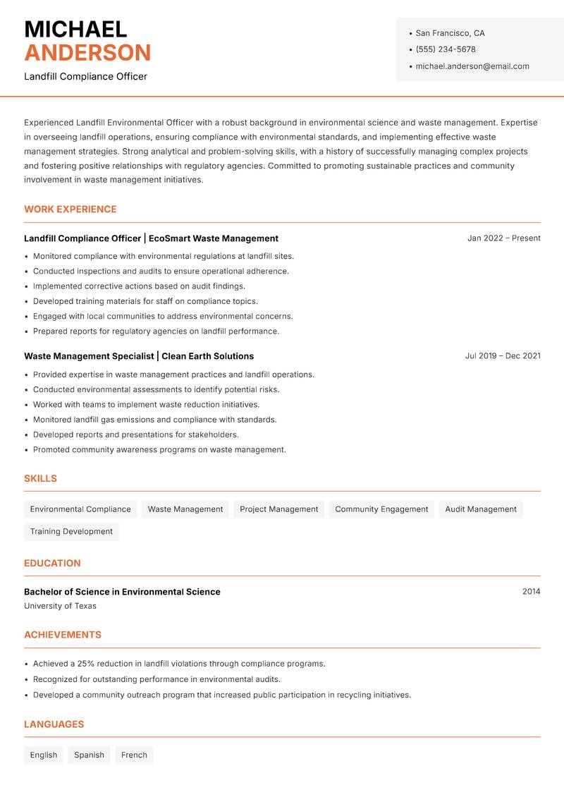 Landfill Environmental Officer resume sample — Landfill Compliance Officer focus