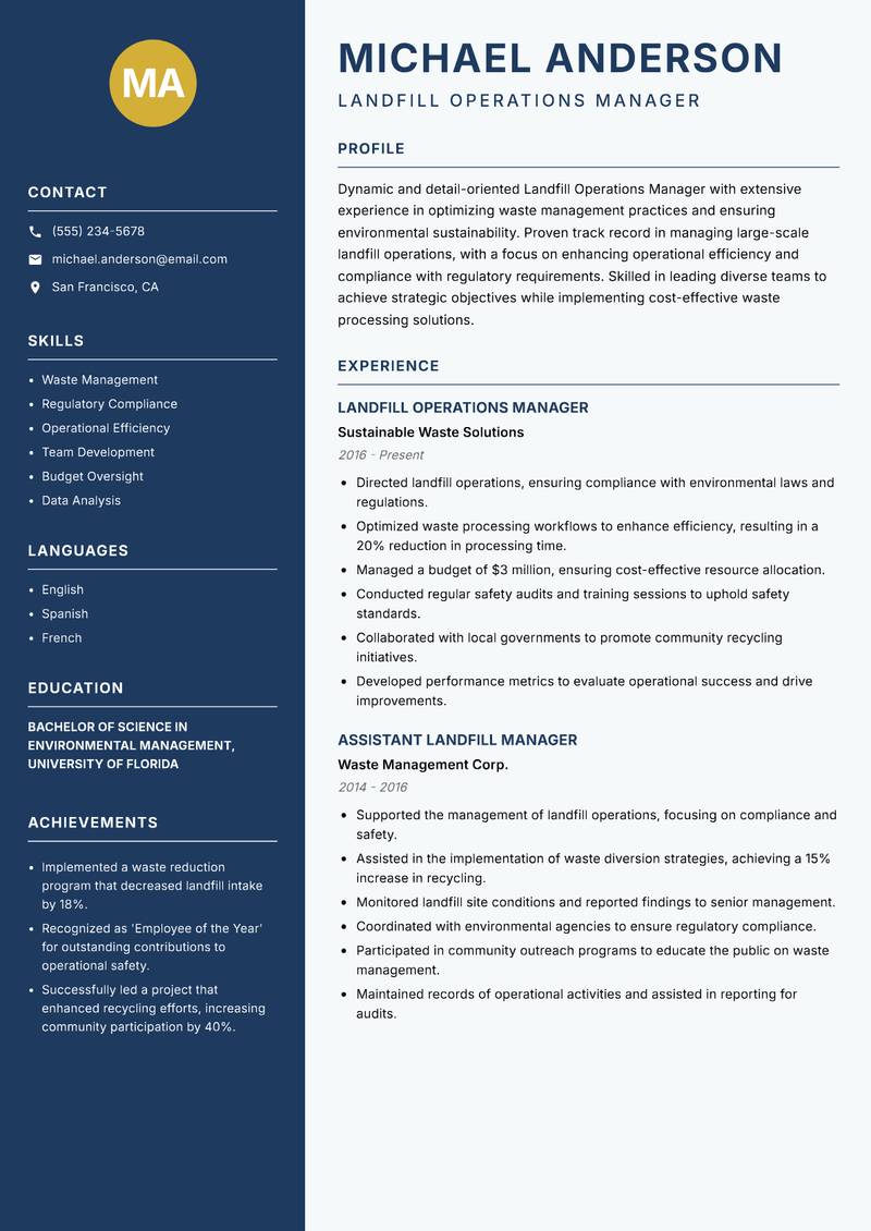 Landfill Operations Manager resume sample — Landfill Operations Manager focus