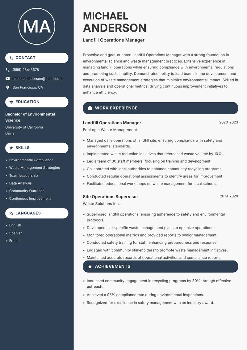 Landfill Operations Manager resume sample — Landfill Operations Manager focus
