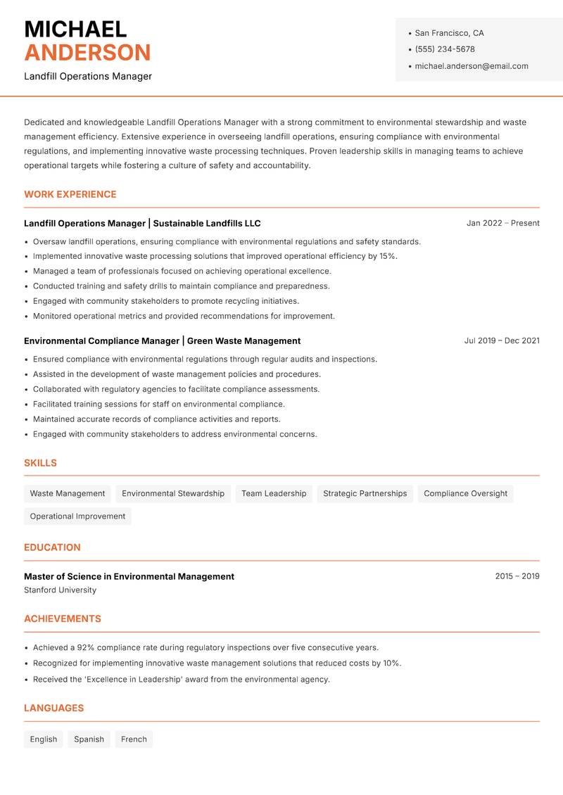 Landfill Operations Manager resume sample — Landfill Operations Manager focus