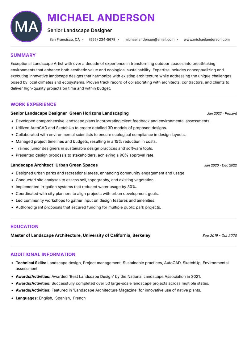 Landscape Artist resume example