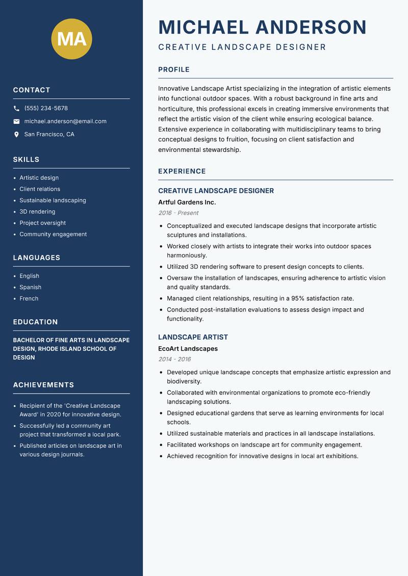 Landscape Artist resume sample — Creative Landscape Designer focus