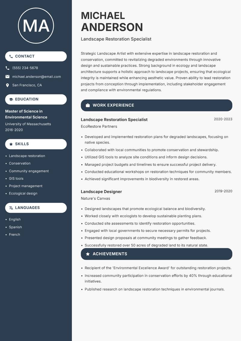 Landscape Artist resume sample — Landscape Restoration Specialist focus