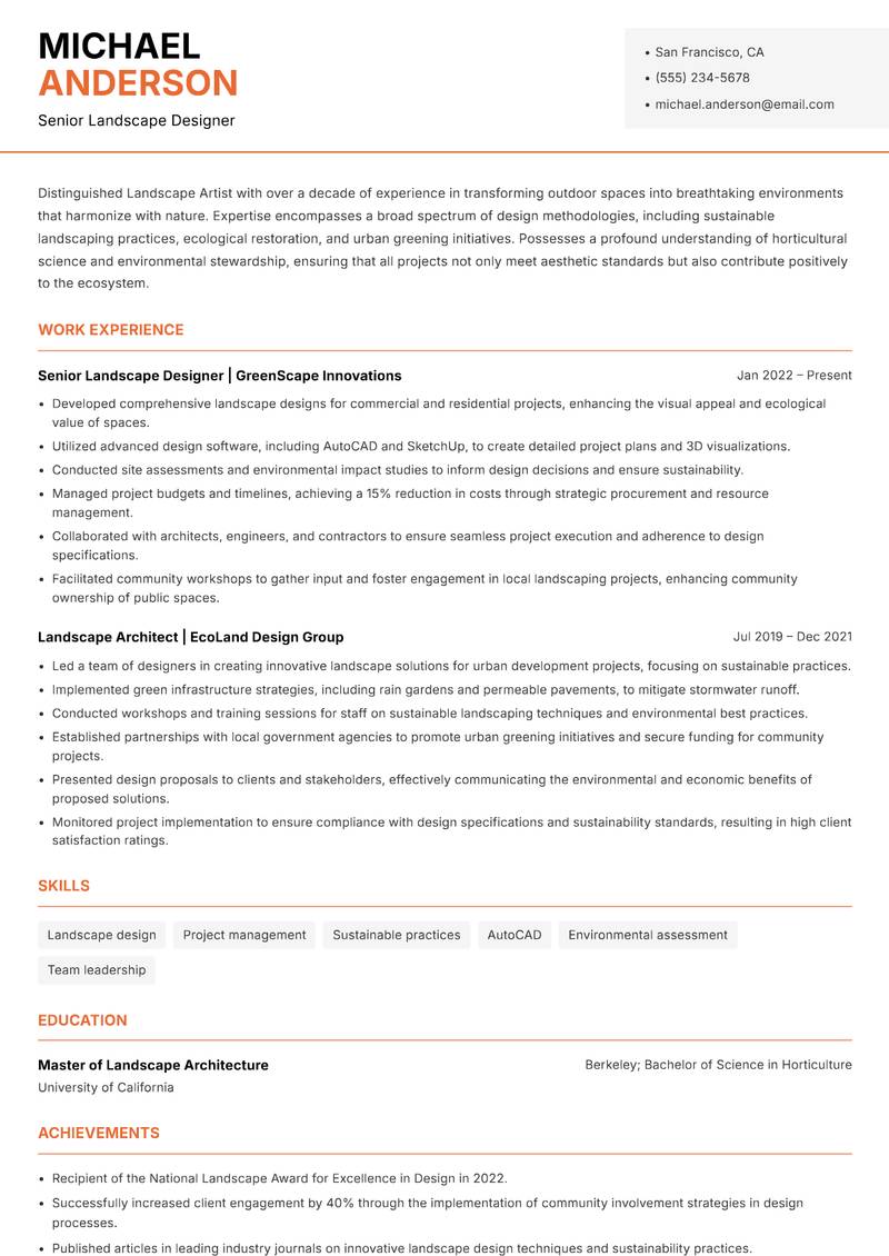Landscape Artist resume sample — Senior Landscape Designer focus