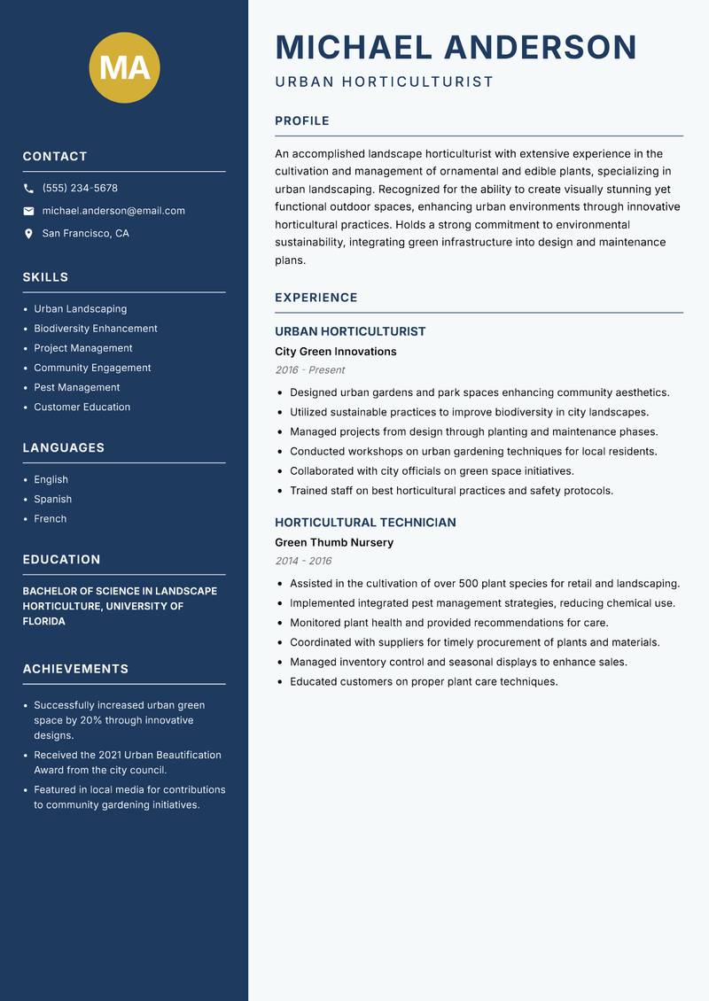 Landscape Horticulturist resume sample — Urban Horticulturist focus