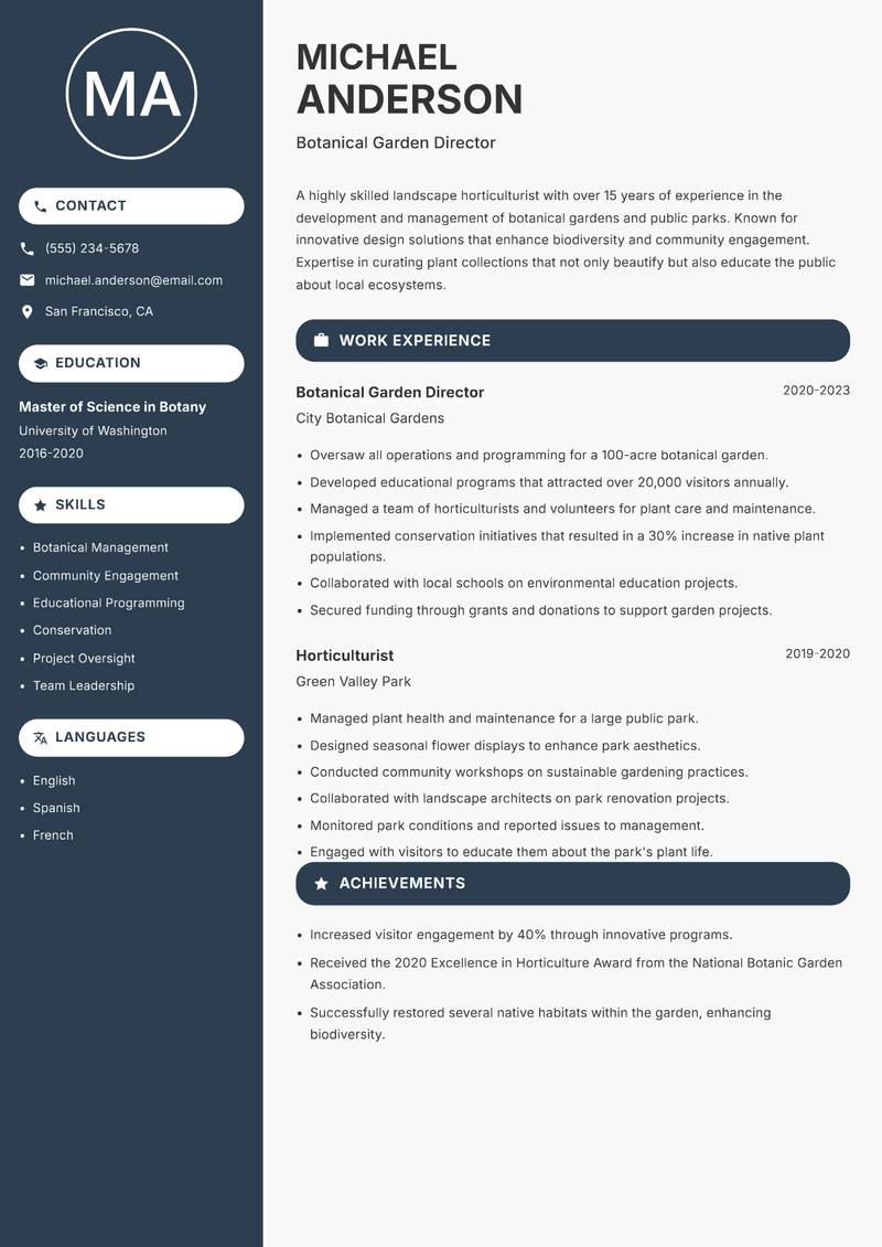 Landscape Horticulturist resume sample — Botanical Garden Director focus