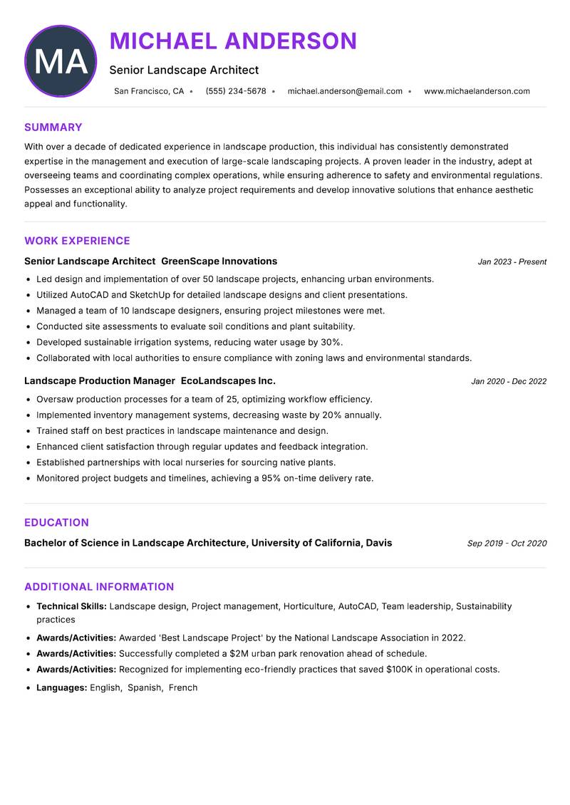 Landscape Production Specialist resume example
