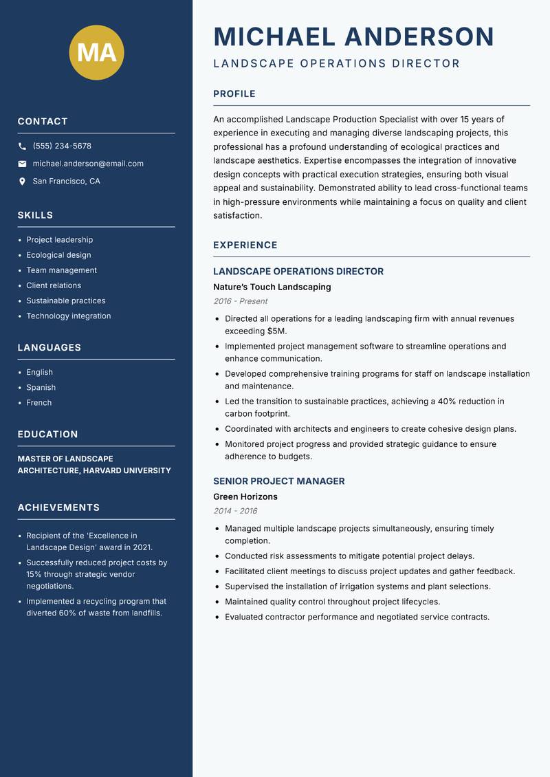 Landscape Production Specialist resume sample — Landscape Operations Director focus