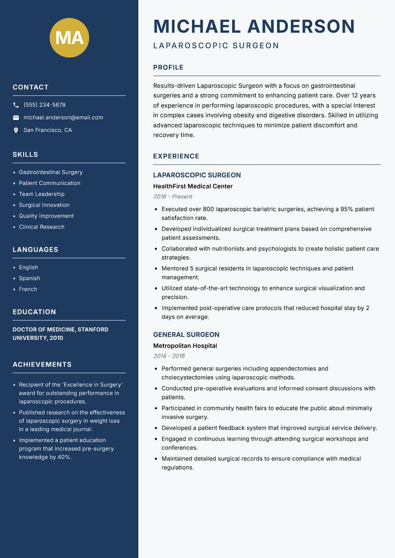Laparoscopic Surgeon resume sample — Laparoscopic Surgeon focus