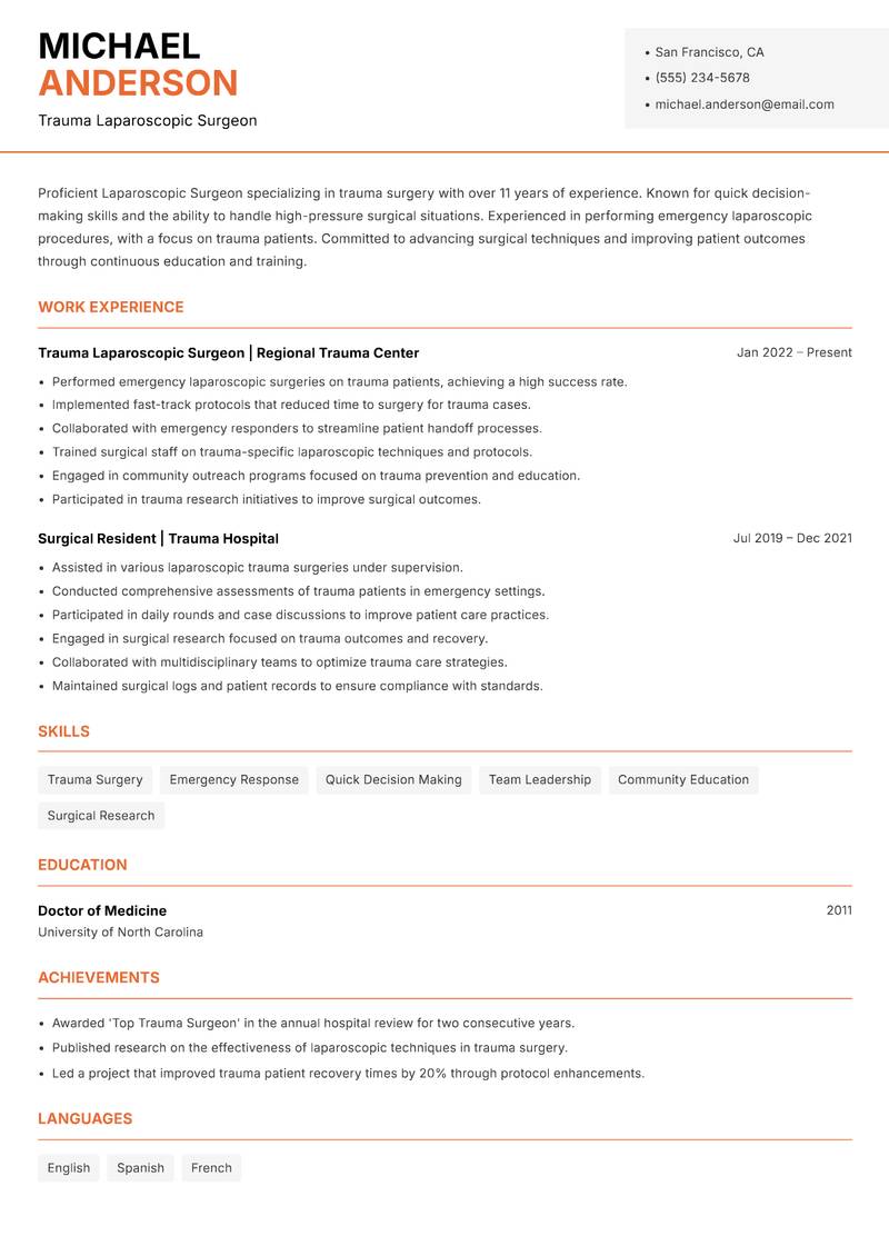 Laparoscopic Surgeon resume sample — Trauma Laparoscopic Surgeon focus
