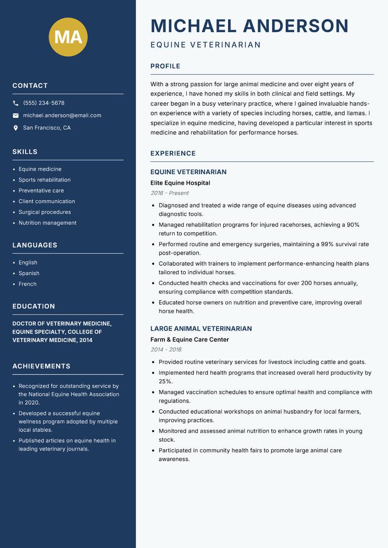 Large Animal Veterinarian resume sample — Equine Veterinarian focus