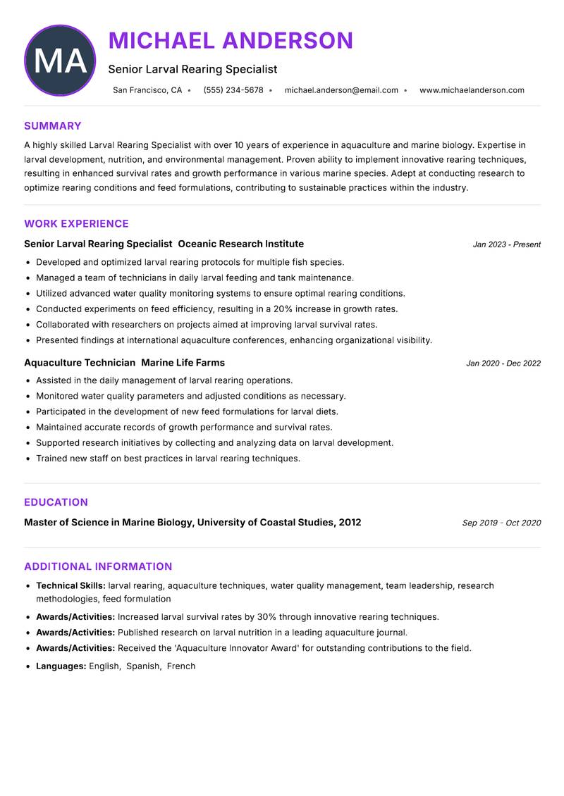 Larval Rearing Specialist resume example