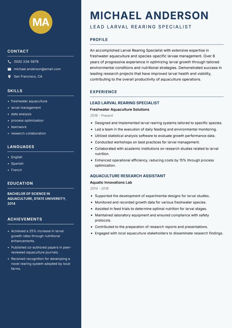Larval Rearing Specialist resume sample — Lead Larval Rearing Specialist focus