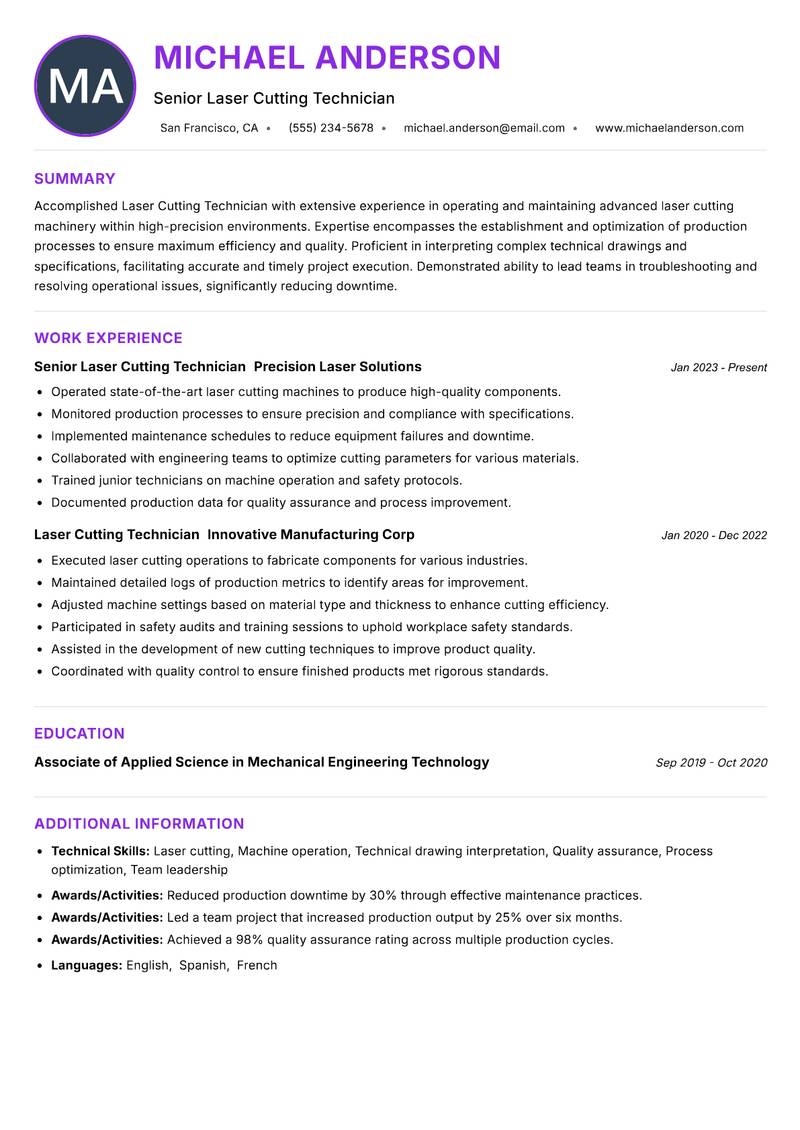 Laser Cutting Technician resume example
