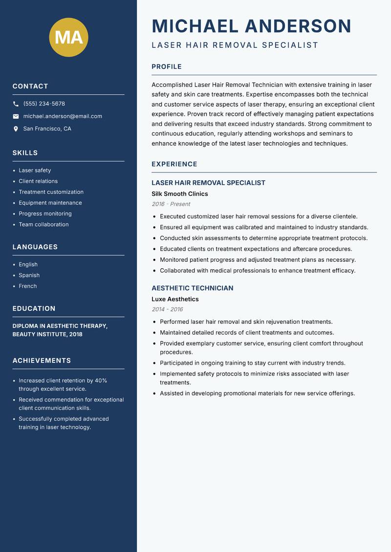 Laser Hair Removal Technician resume sample — Laser Hair Removal Specialist focus