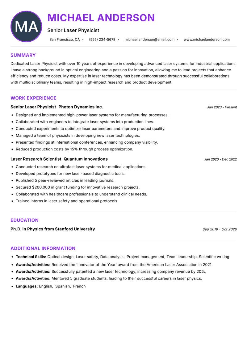 Laser Physicist resume example