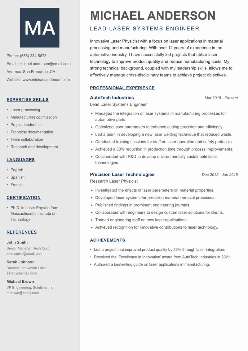 Laser Physicist resume sample — Lead Laser Systems Engineer focus
