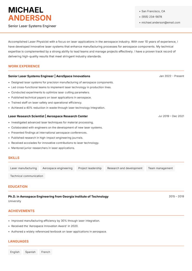 Laser Physicist resume sample — Senior Laser Systems Engineer focus