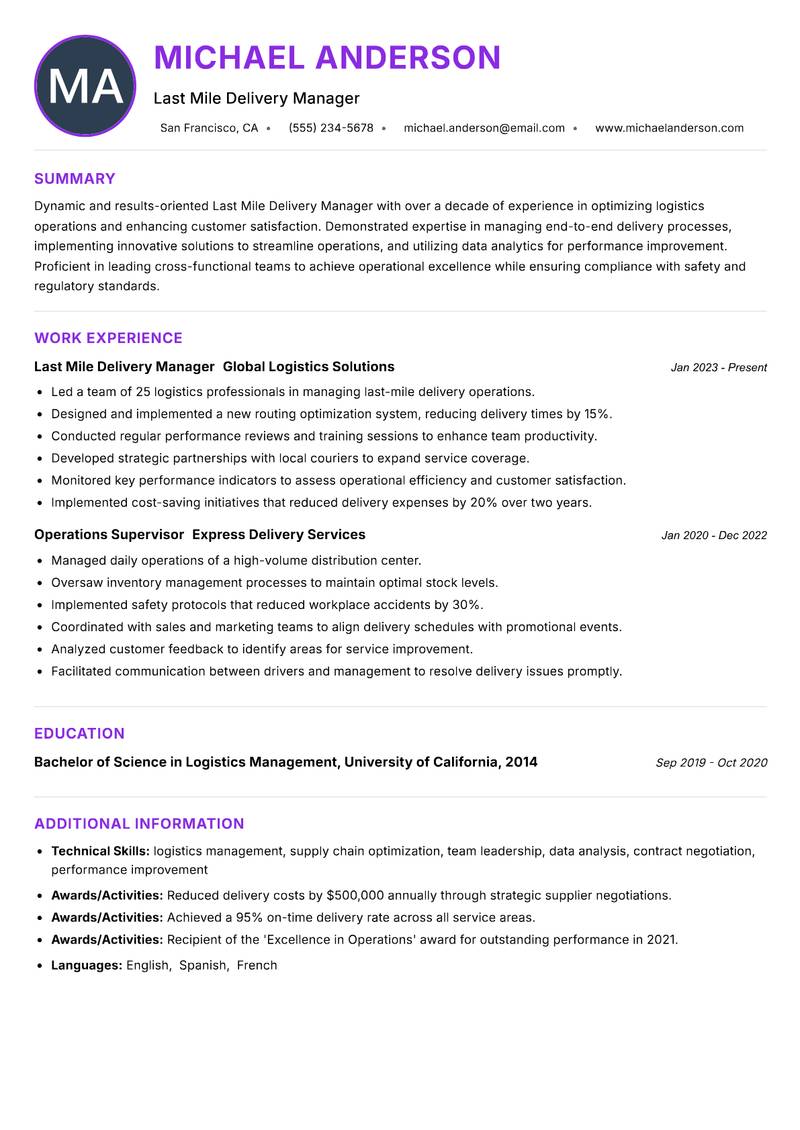 Last Mile Delivery Manager resume example