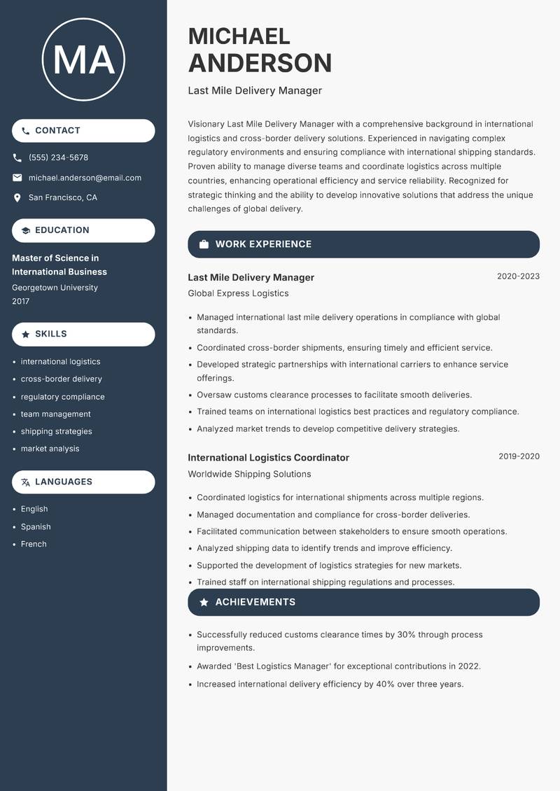 Last Mile Delivery Manager resume sample — Last Mile Delivery Manager focus