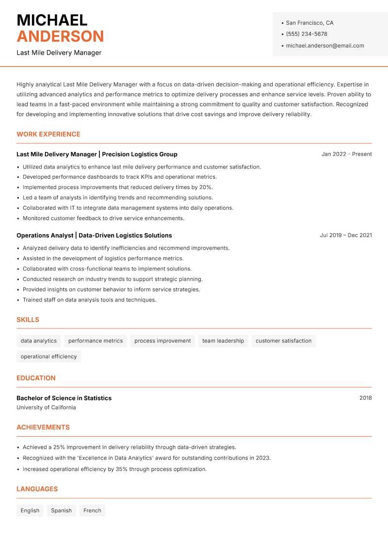 Last Mile Delivery Manager resume sample — Last Mile Delivery Manager focus