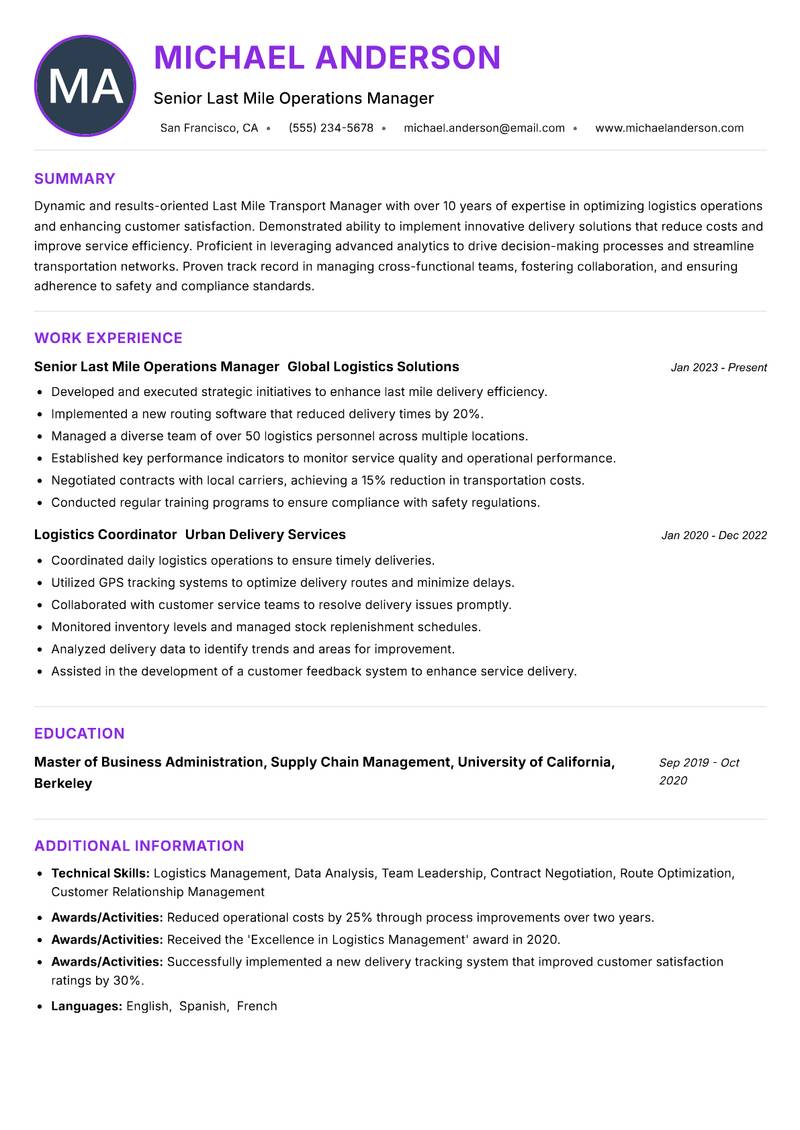 Last Mile Transport Manager resume example