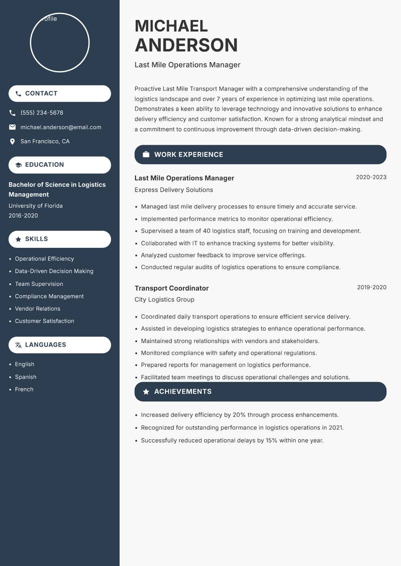 Last Mile Transport Manager resume sample — Last Mile Operations Manager focus