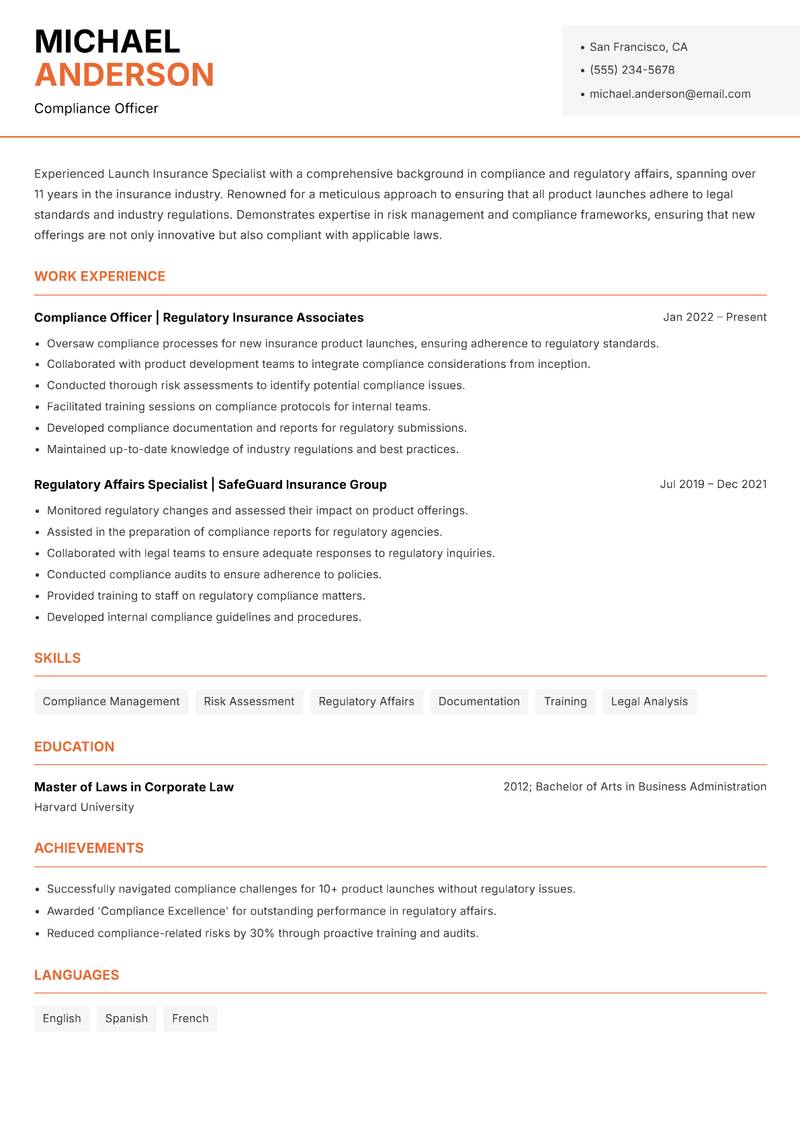 Launch Insurance Specialist resume sample — Compliance Officer focus