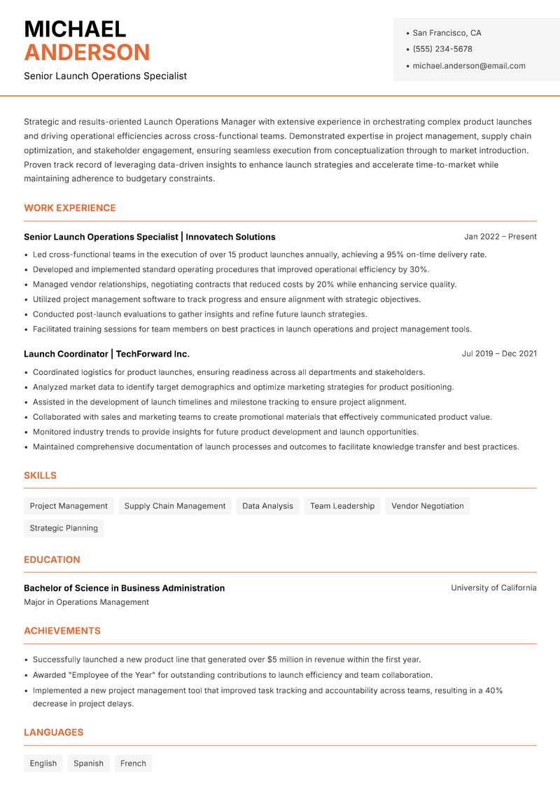 Launch Operations Manager resume sample — Senior Launch Operations Specialist focus