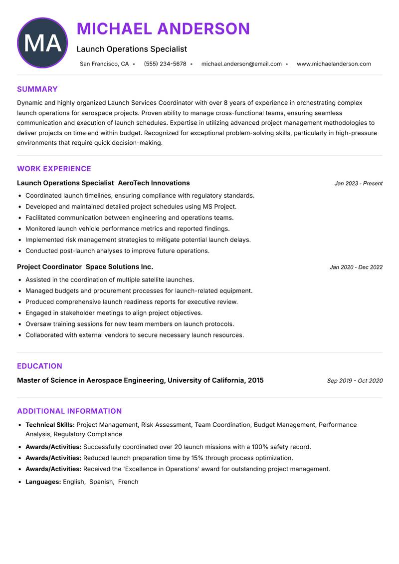 Launch Services Coordinator resume example