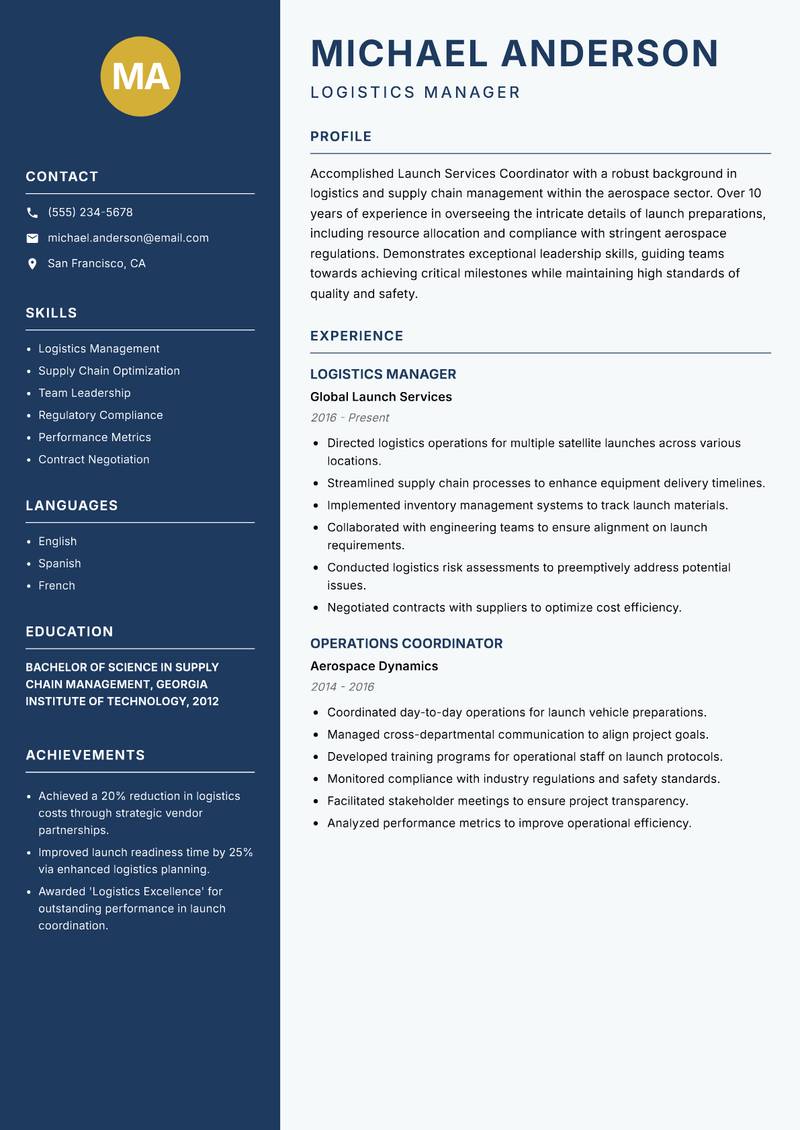 Launch Services Coordinator resume sample — Logistics Manager focus
