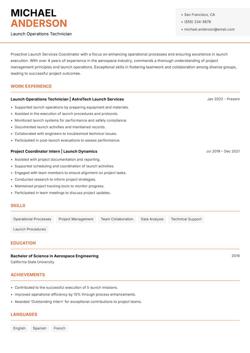 Launch Services Coordinator resume sample — Launch Operations Technician focus