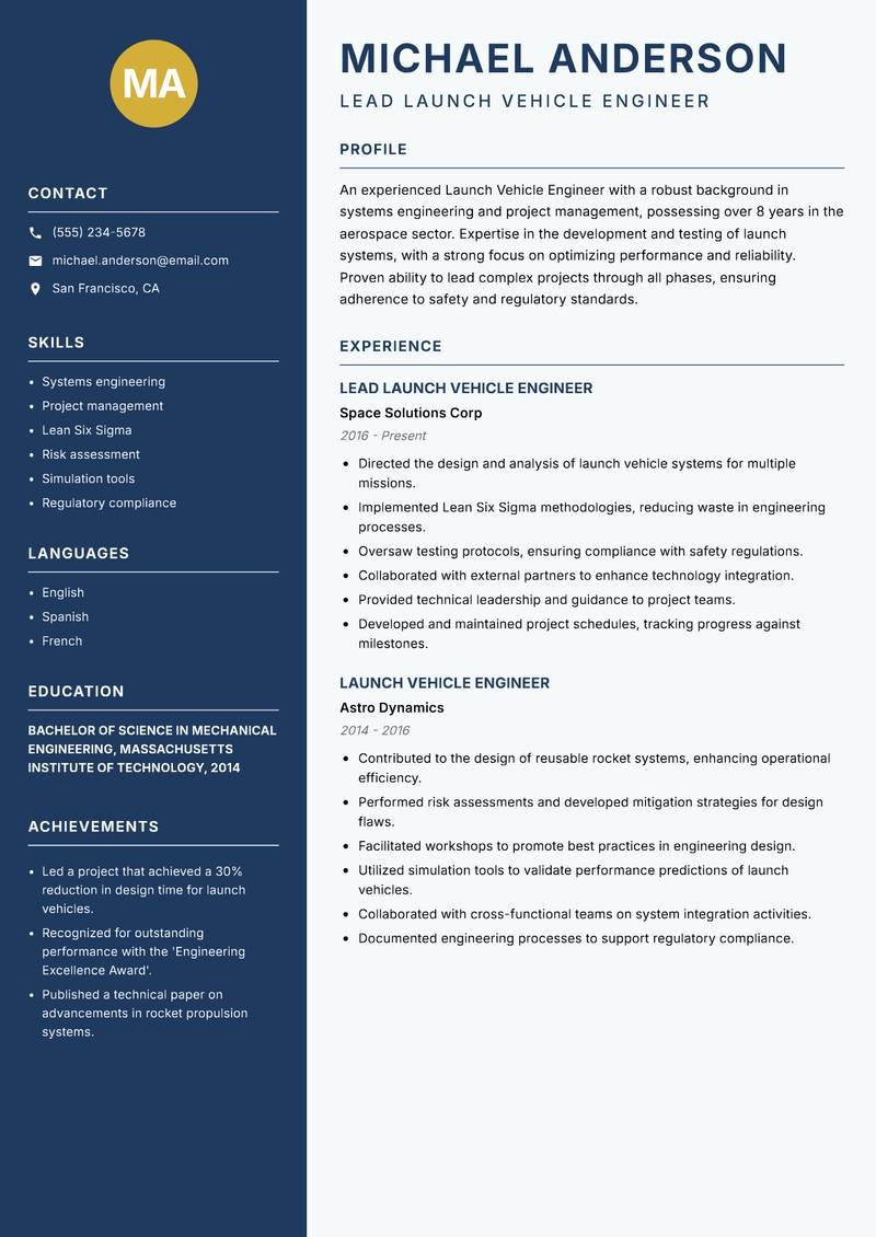 Launch Vehicle Engineer resume sample — Lead Launch Vehicle Engineer focus