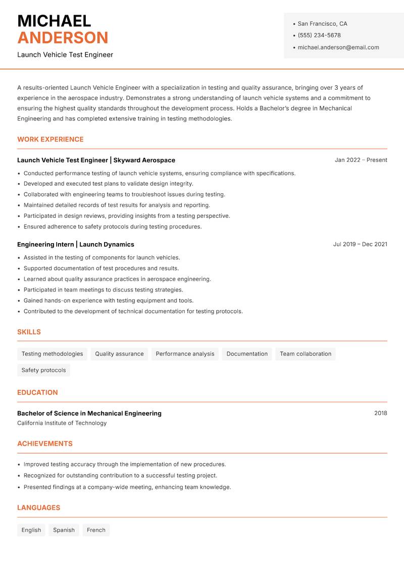 Launch Vehicle Engineer resume sample — Launch Vehicle Test Engineer focus