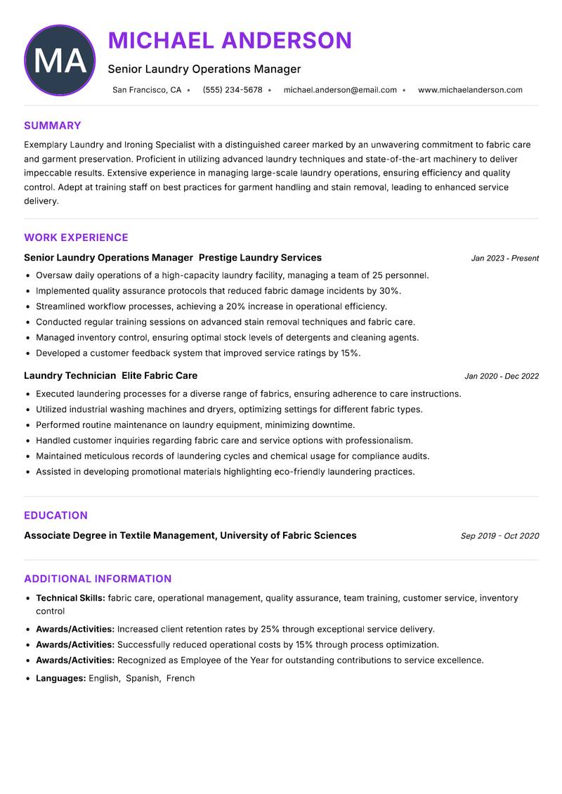 Laundry and Ironing Specialist resume example