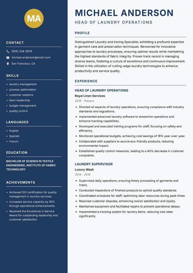 Laundry and Ironing Specialist resume sample — Head of Laundry Operations focus