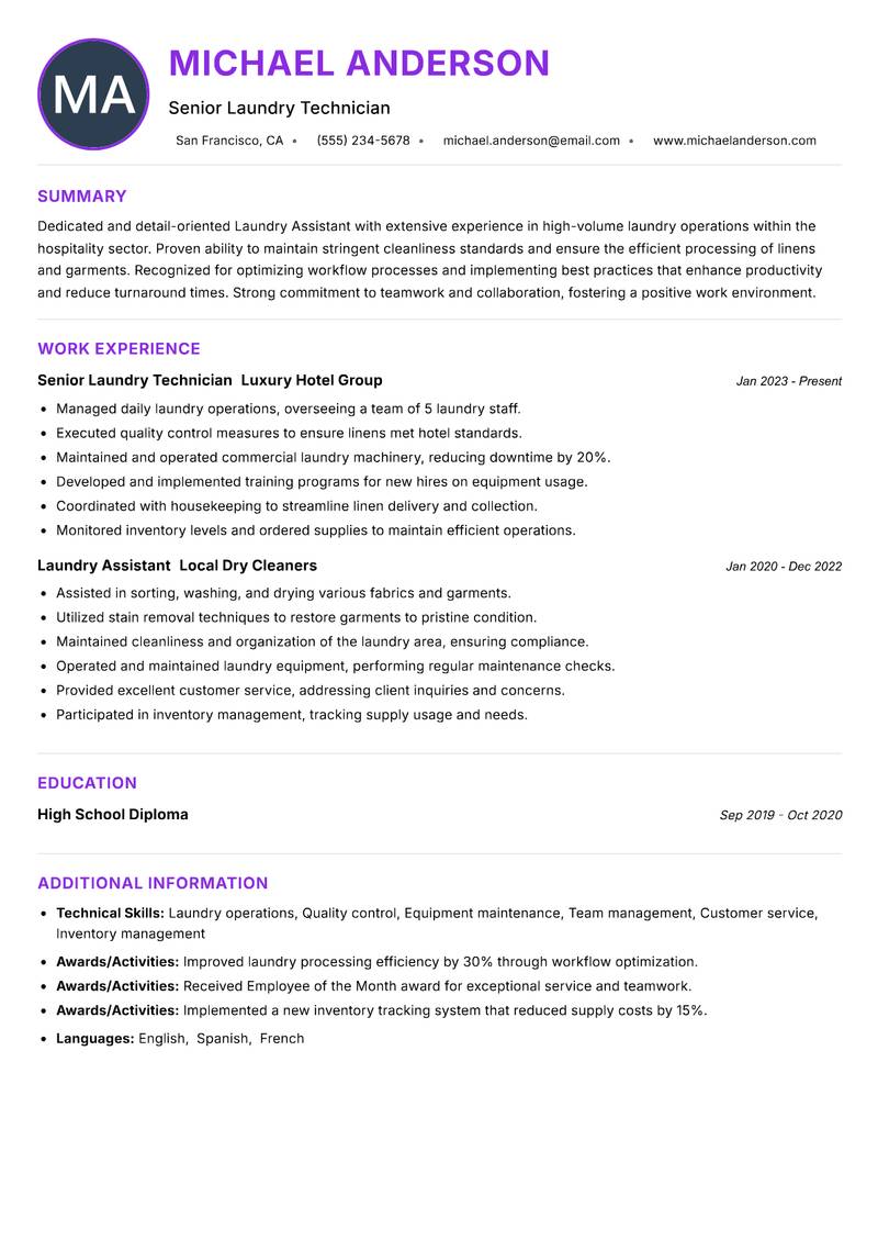 Laundry Assistant resume example