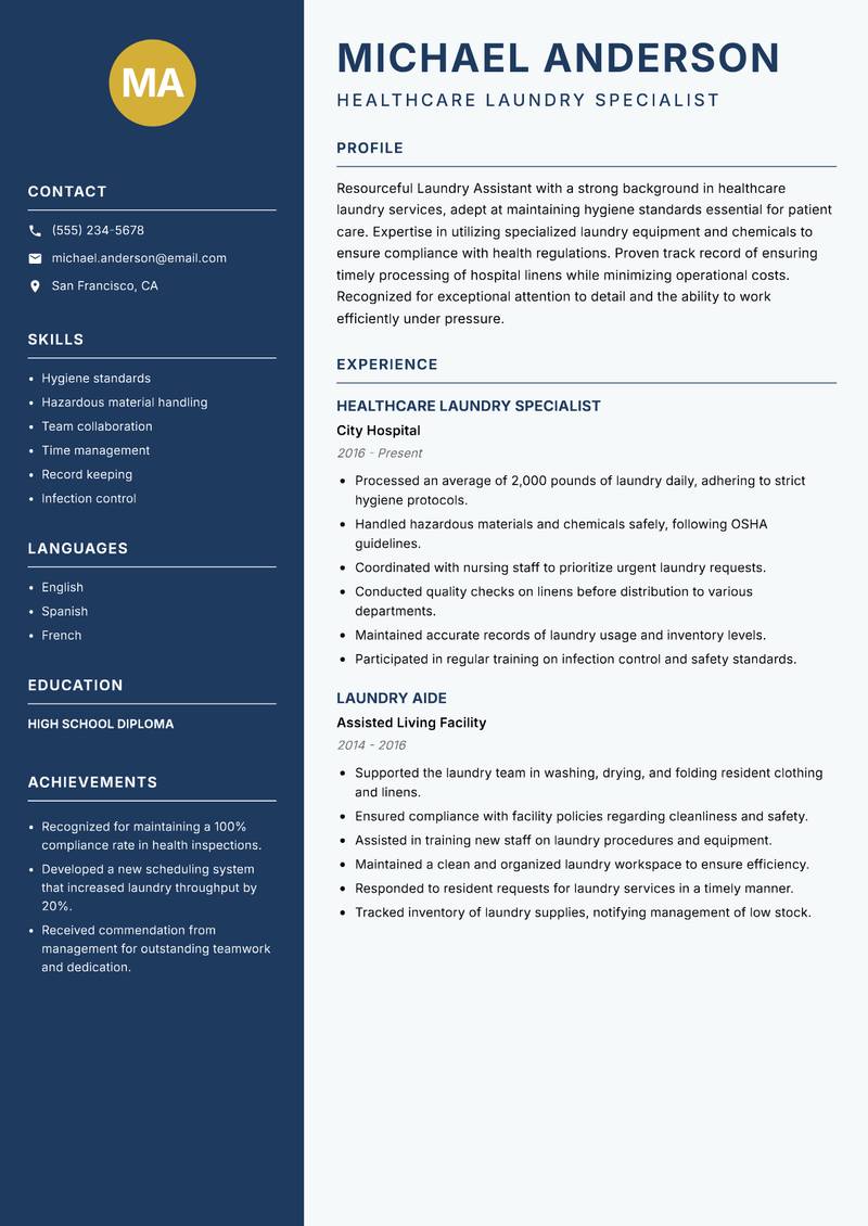Laundry Assistant resume sample — Healthcare Laundry Specialist focus