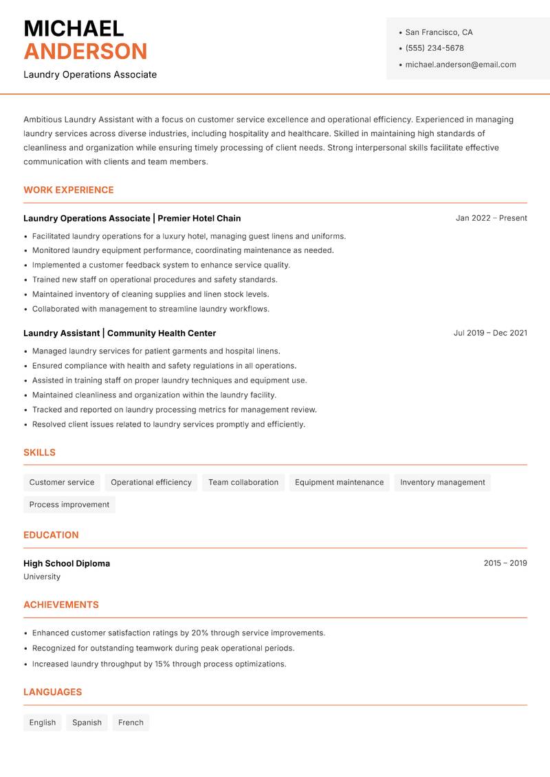 Laundry Assistant resume sample — Laundry Operations Associate focus