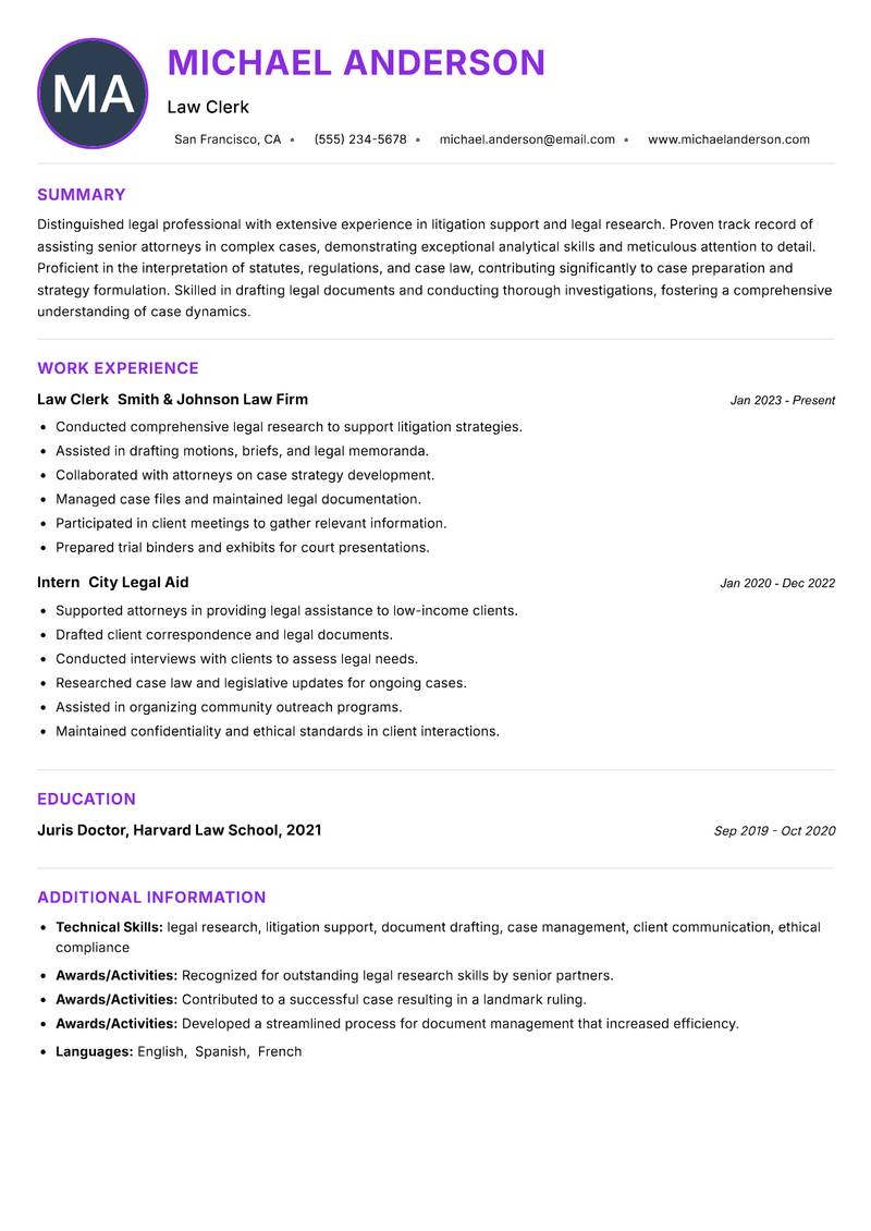 Law Clerk resume example