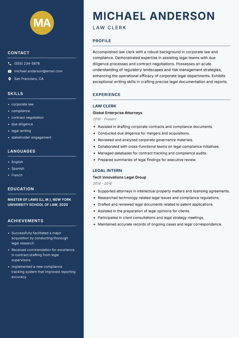 Law Clerk resume sample — Law Clerk focus