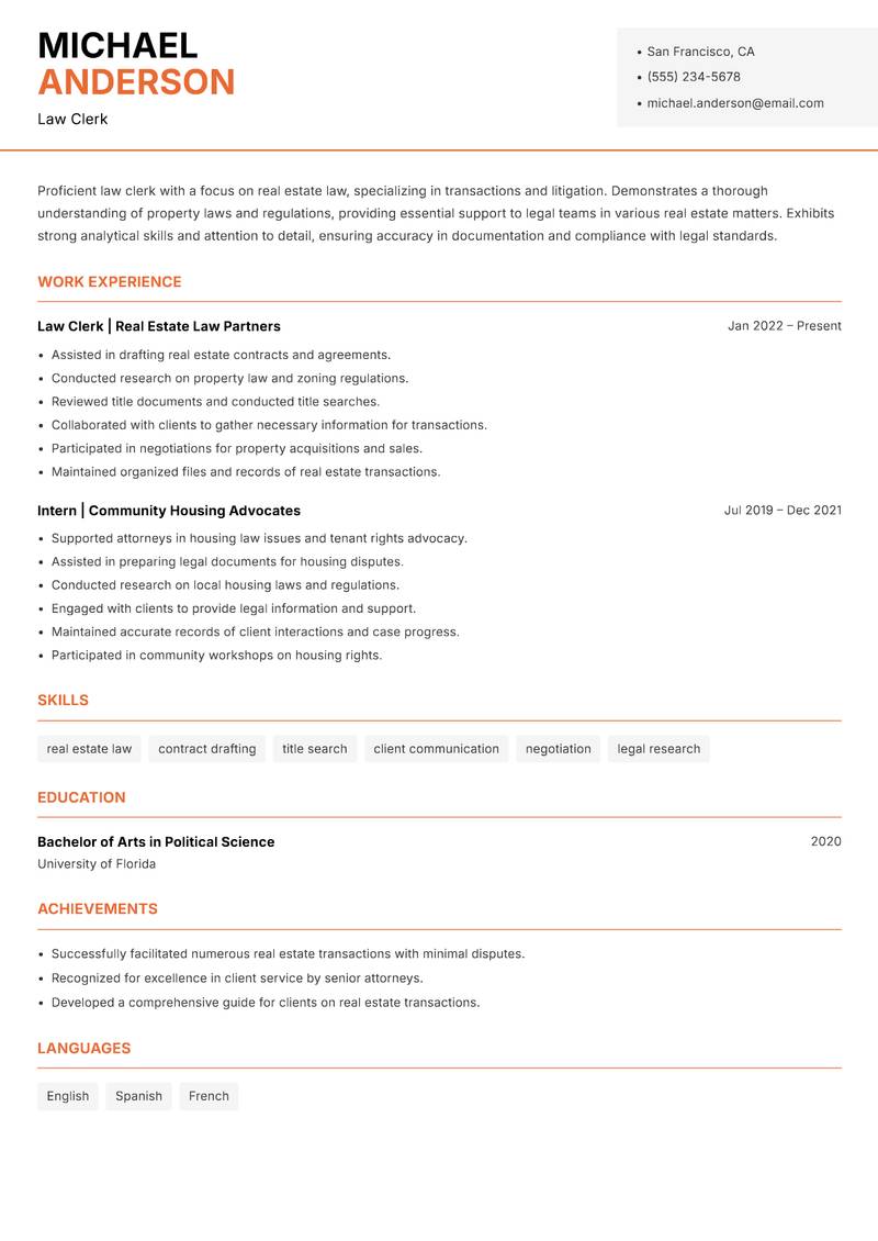 Law Clerk resume sample — Law Clerk focus