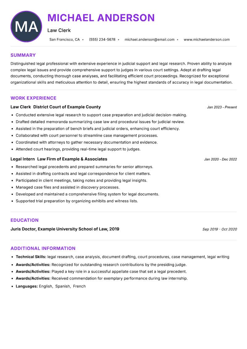 Law Clerk Judge resume example