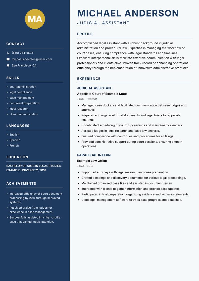 Law Clerk Judge resume sample — Judicial Assistant focus