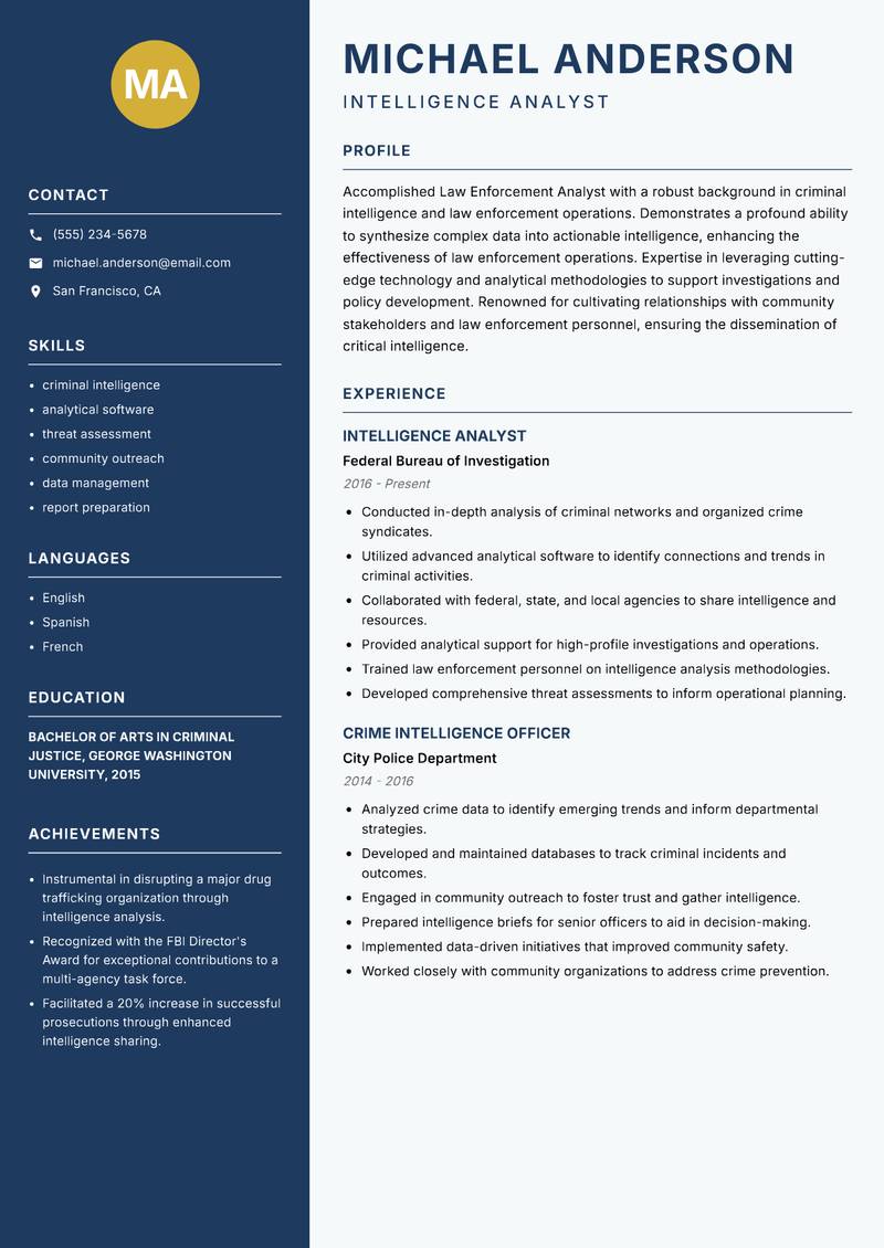 Law Enforcement Analyst resume sample — Intelligence Analyst focus