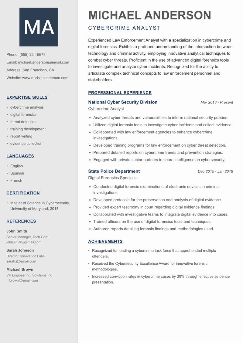 Law Enforcement Analyst resume sample — Cybercrime Analyst focus